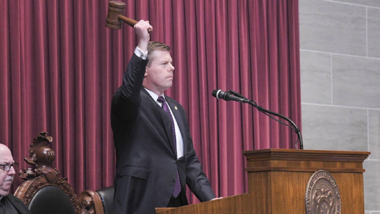 House Speaker Dean Plocher, R-Des Peres drops the gavel to signal the beginning of the 2nd Regular Session of the 102nd General Assembly in Jefferson City, Mo. (House Communications) 