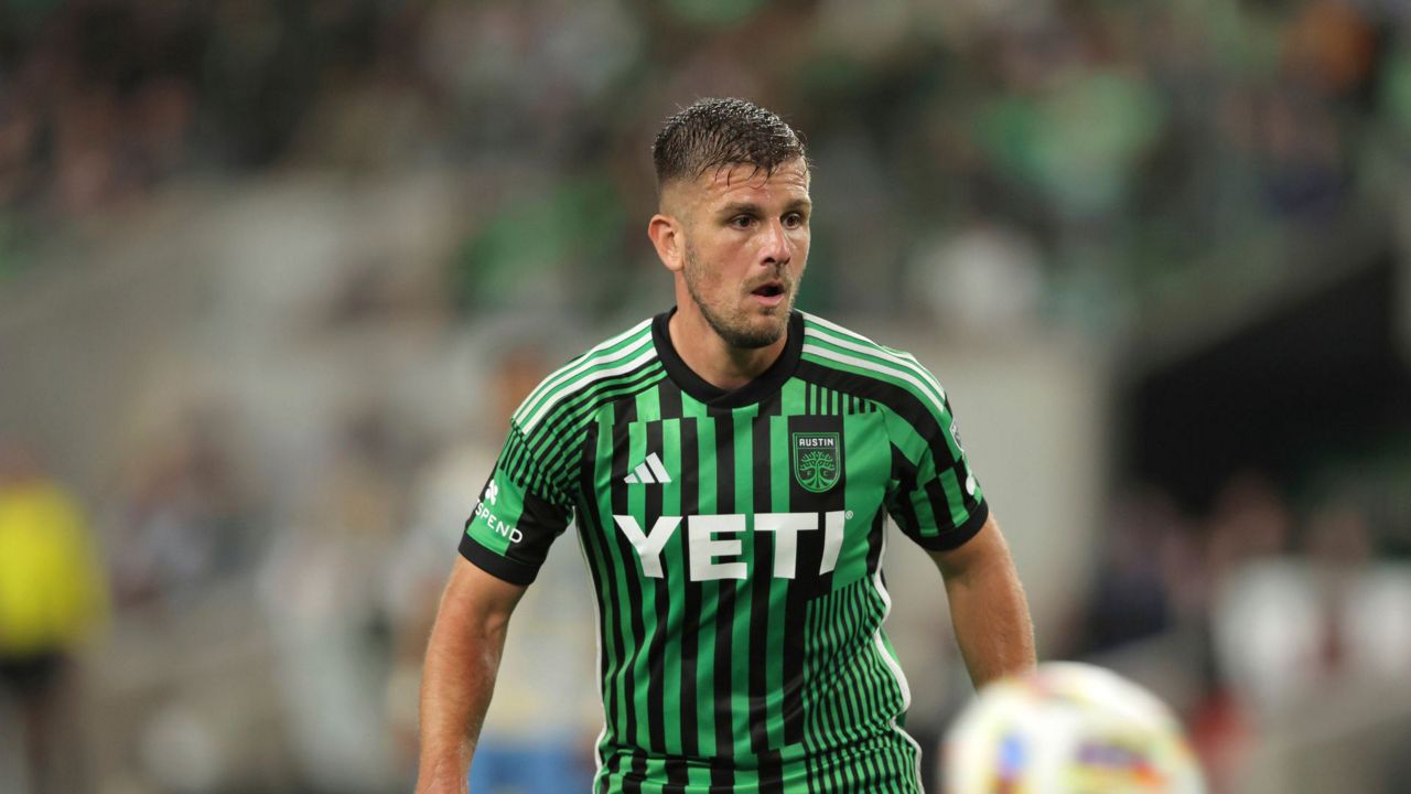 Austin FC forward Diego Rubio (14) competes against Philadelphia Union during the second half of an MLS soccer match, Saturday, March 16, 2024, in Austin, Texas. (AP Photo/Stephen Spillman)