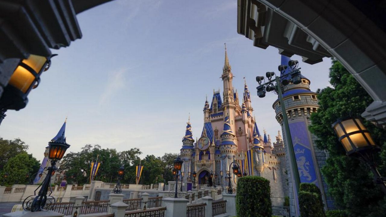 Cinderella Castle at Magic Kingdom decorated for Walt Disney World's 50th anniversary celebration. (File)