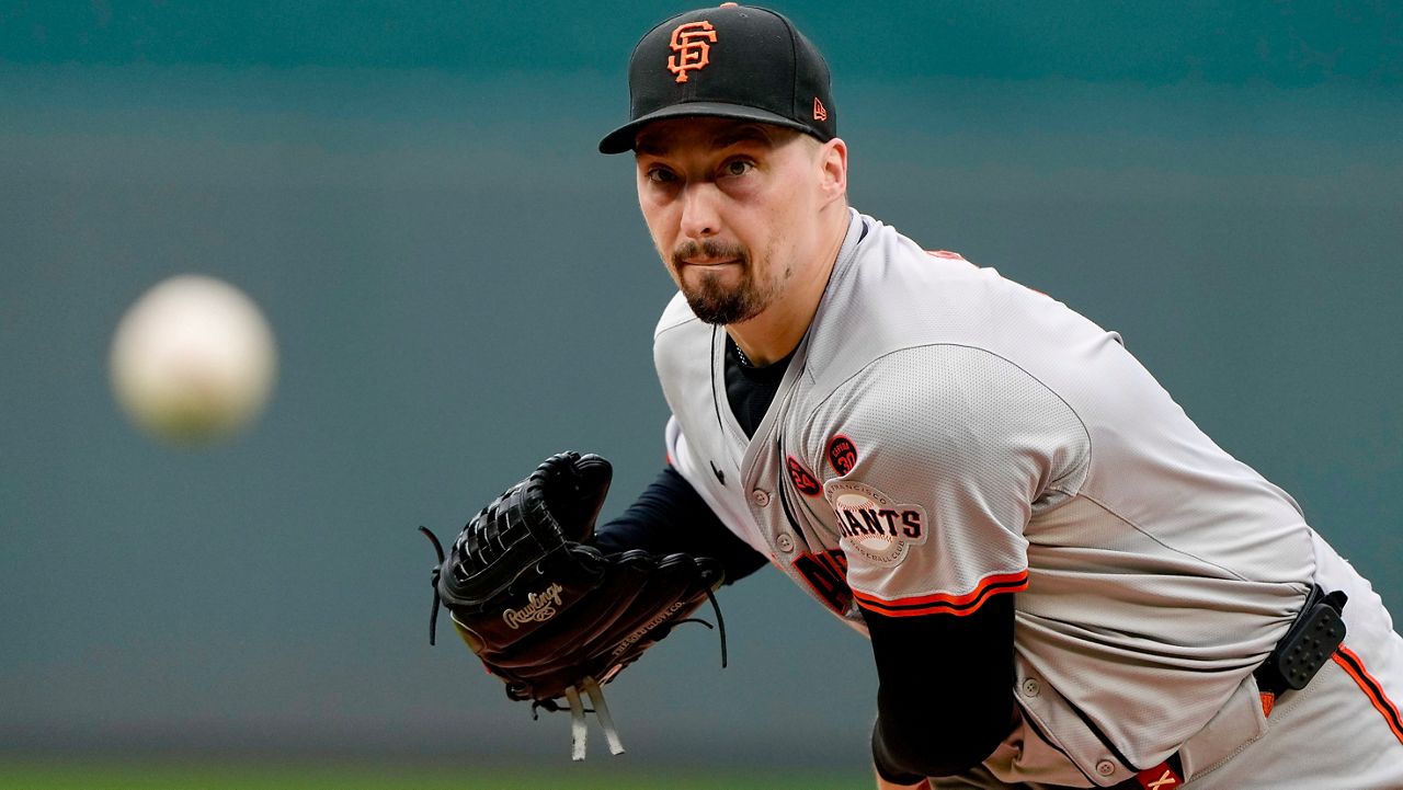 FILE - San Francisco Giants starting pitcher Blake Snell throws during the first inning of a baseball game against the Kansas City Royals, Sept. 22, 2024, in Kansas City, Mo. (AP Photo/Charlie Riedel, File)