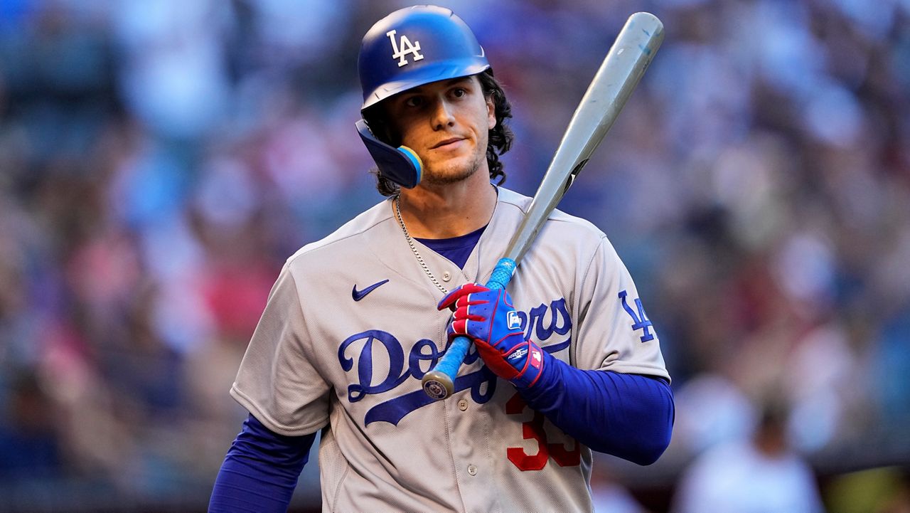 Los Angeles Dodgers' James Outman (33) looks to his dugout after striking out looking against the Arizona Diamondbacks during the third inning of a baseball game, Saturday, April 8, 2023, in Phoenix. (AP Photo/Matt York)