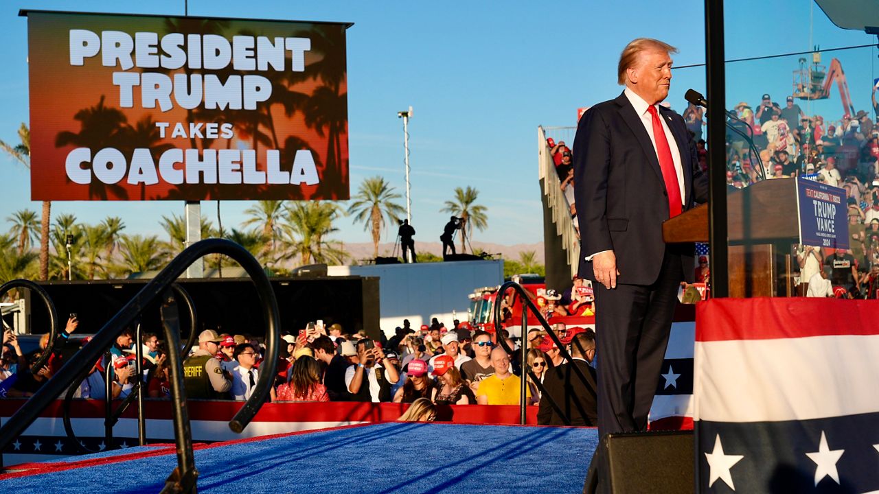 Republican presidential nominee former President Donald Trump arrives to speak at a campaign rally at the Calhoun Ranch, Saturday, Oct. 12, 2024, in Coachella, Calif. (AP Photo/Alex Brandon)