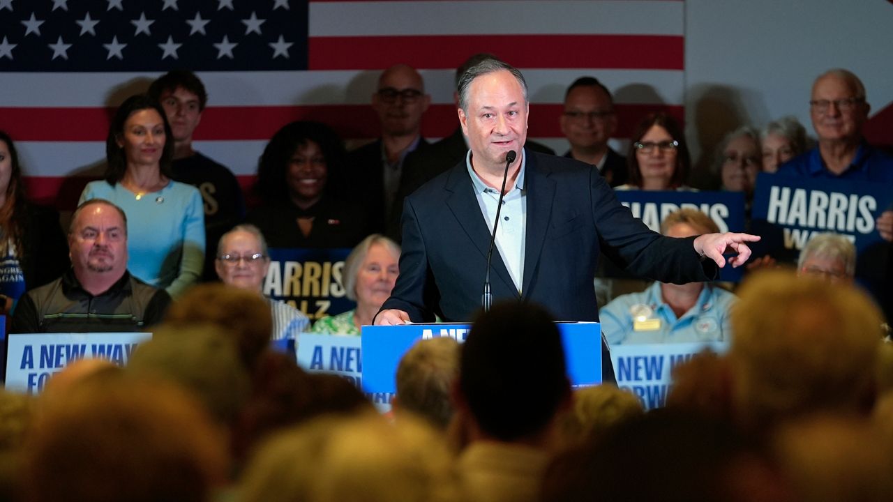 Second gentleman Doug Emhoff speaks in support of his wife, Democratic presidential nominee Vice President Kamala Harris, at a campaign event in The Villages, Fla., Friday, Sept. 13, 2024. (AP Photo/Rebecca Blackwell)