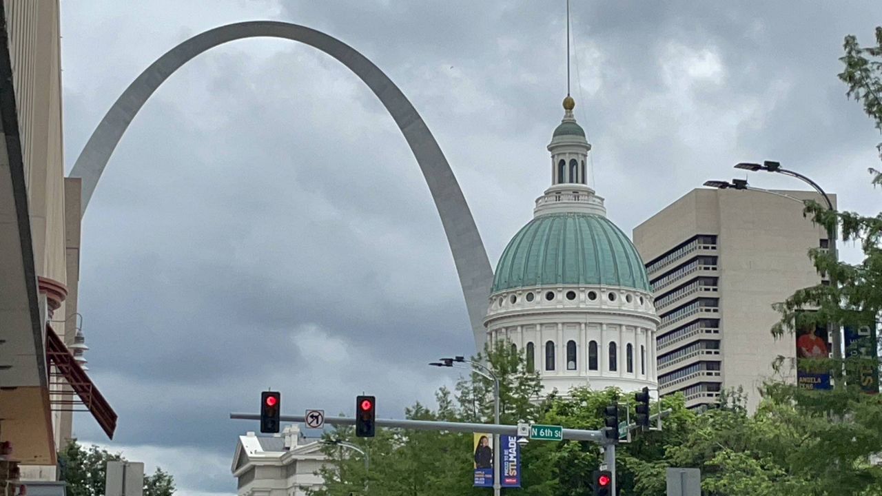 A view of the old federal courthouse and the Gateway Arch in downtown St. Louis on May 6, 2024. (Spectrum News/Gregg Palermo)