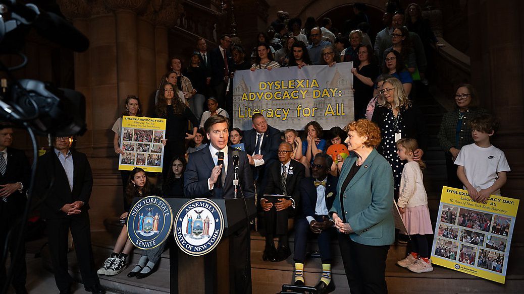 Assemblymembers Bobby Carroll and Jo Anne Simon lead a rally in the Capitol this week in honor of the 10th Dyslexia Advocacy Day in Albany. Courtesty Asm. Jo Anne Simon's office