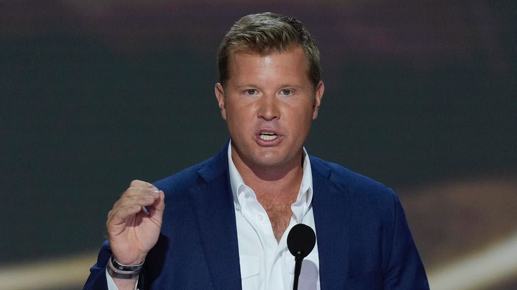 Tim Sheehy speaking during the second day of the Republican National Convention Tuesday, July 16, 2024, in Milwaukee. (AP Photo/J. Scott Applewhite)