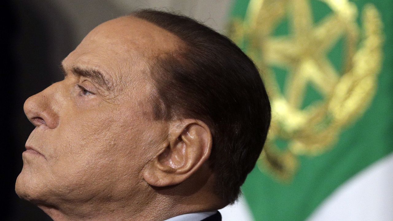 Silvio Berlusconi meets journalists at the Quirinale presidential palace after talks with Italian President Sergio Mattarella, in Rome, April 12, 2018. Silvio Berlusconi, the boastful billionaire media mogul who was Italy's longest-serving premier despite scandals over his sex-fueled parties and allegations of corruption, died, according to Italian media. He was 86. (AP Photo/Gregorio Borgia, File)