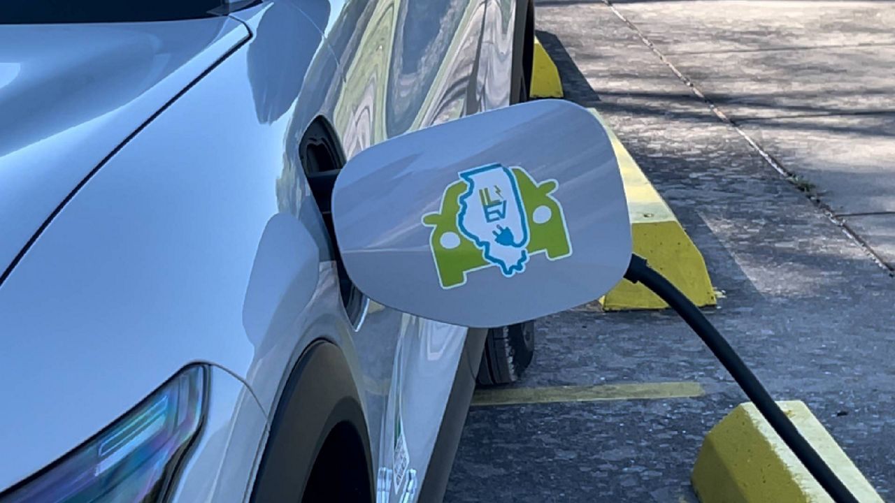 One of the first electric vehicle charging stations in Illinois' state park system is located at Frank Holten State Park in St. Clair County. The state plans to put 55 chargers in at Department of Natural Resource sites around the state after chargers were donated by EVBox, an Illinois-based manufacturer. (Spectrum News/Gregg Palermo)