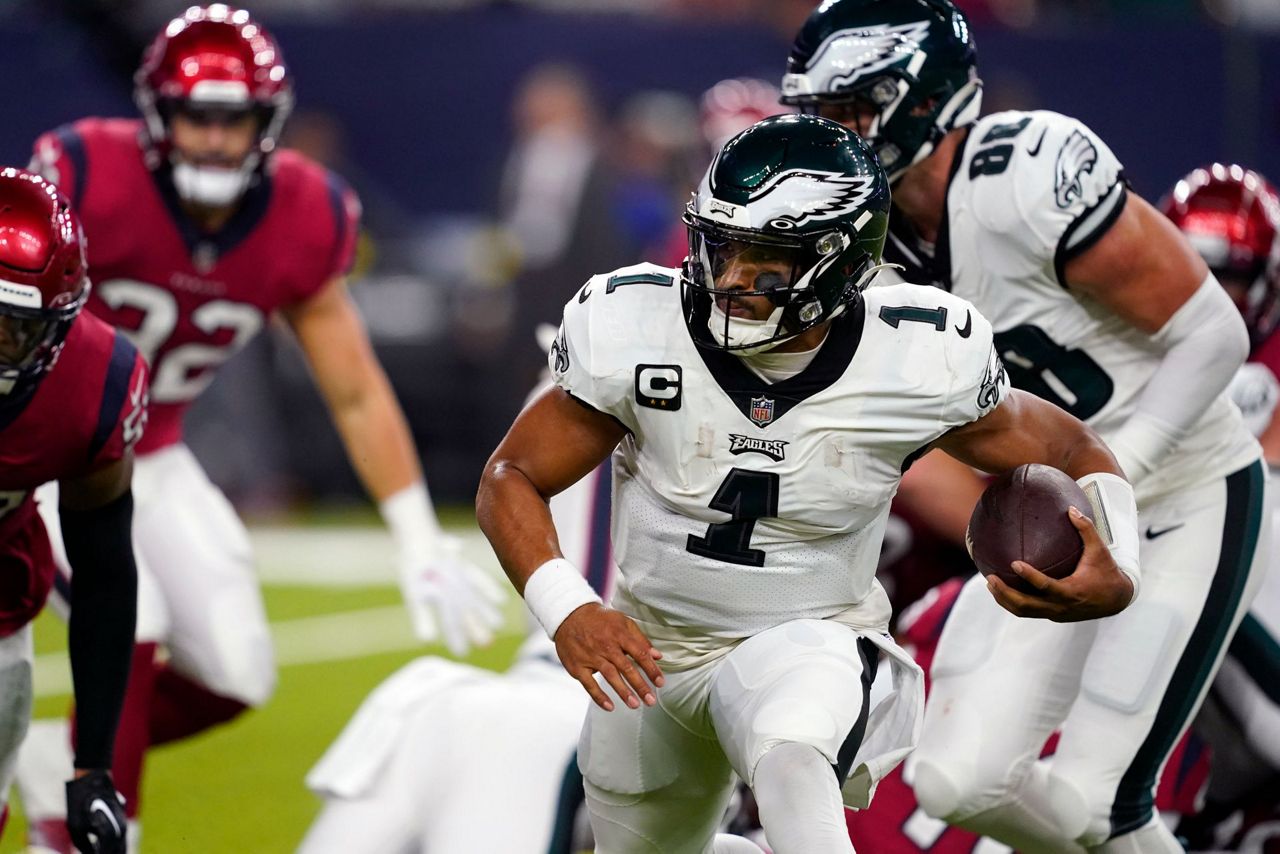 Philadelphia Eagles running back Miles Sanders (26) celebrates with  quarterback Jalen Hurts (1) after scoring a touchdown against the New York  Giants during the first quarter of an NFL football game, Sunday