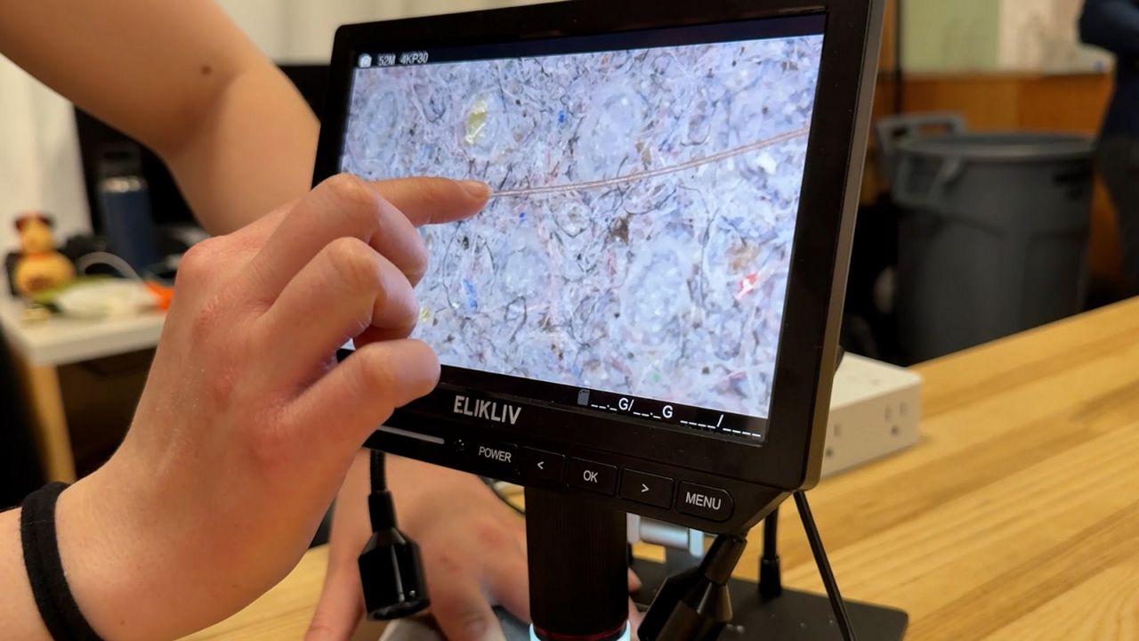 Microplastics are small and often can only be seen under a microscope; they exit washing machines during a wash cycle and enter the water supply.