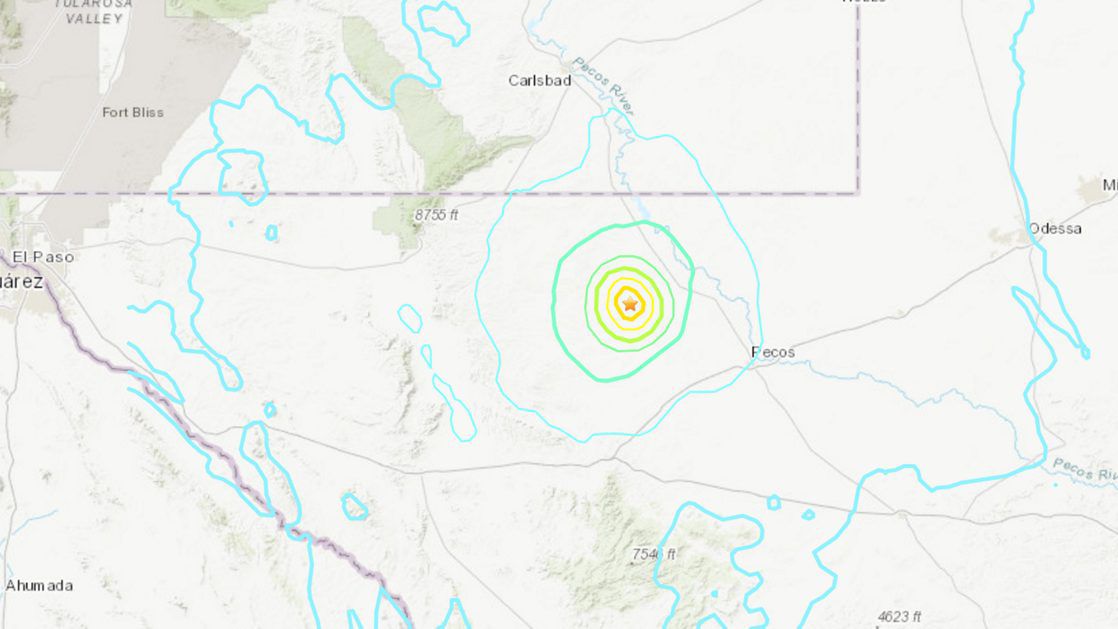 A magnitude 5.3 earthquake was detected 37 km WSW of Mentone, Texas. (United States Geological Survey)