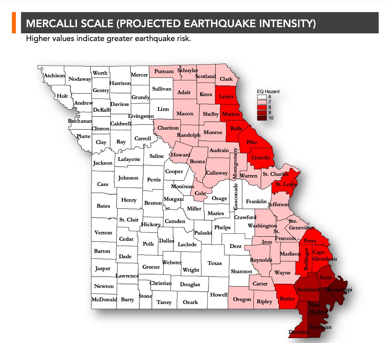 Map shows earthquake risk in Missouri (Courtesy: Missouri DCI)