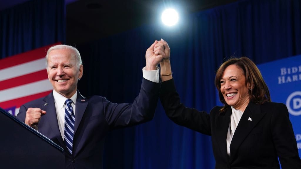 President Joe Biden and Vice President Kamala Harris stand on stage at the Democratic National Committee winter meeting, Feb. 3, 2023, in Philadelphia. (AP Photo/Patrick Semansky, File)