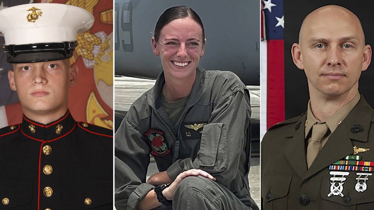 This combination of photos provided by U.S. Marines Corps., shows Marine V-22B Osprey pilot Capt. Eleanor V. Beau, center, Cpl. Spencer R. Collart, left, and Maj. Tobin J. Lewis, right. The U.S. Marine Corps has released the names of the three Marines killed in a fiery tiltrotor aircraft crash on a north Australian island this week and said one off their colleagues remained in hospital in a critical condition.(U.S. Marines Corps via AP)