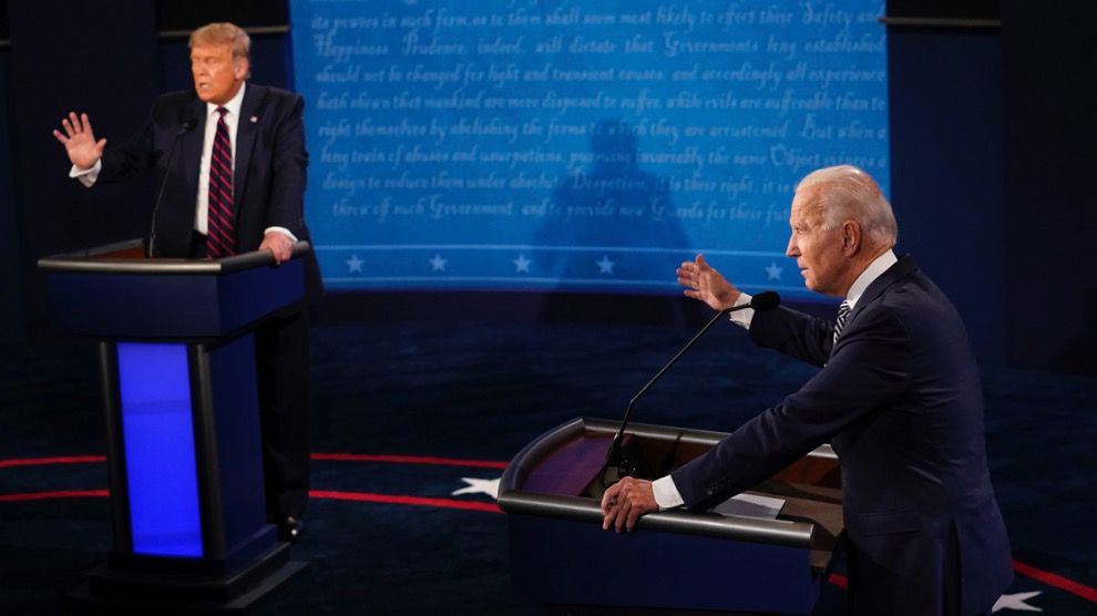 President Donald Trump and Democratic presidential candidate former Vice President Joe Biden exchange points during their first presidential debate at Case Western University and Cleveland Clinic, in Cleveland, Ohio, Sept. 29, 2020. (AP Photo/Morry Gash, Pool)