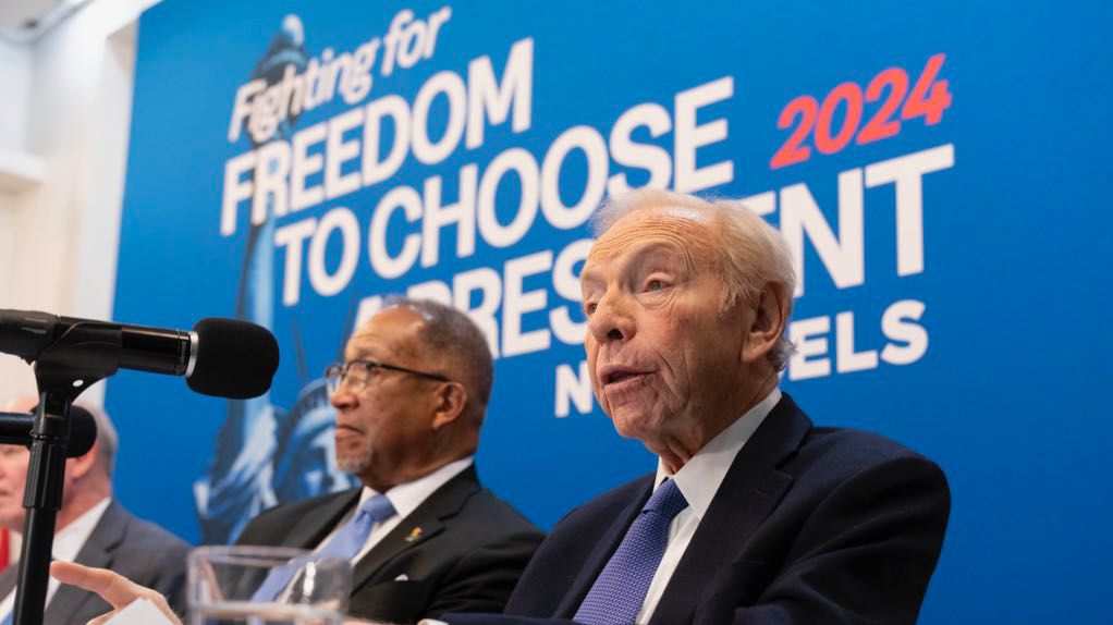 No Labels Founding Chairman and former Senator Joe Lieberman speaks about the 2024 election at National Press Club, in Washington, Thursday, Jan. 18, 2024. (AP Photo/Jose Luis Magana)