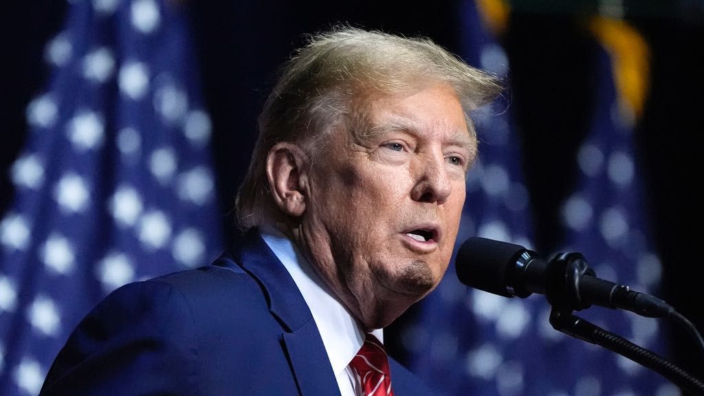 Republican presidential candidate former President Donald Trump speaks at a campaign rally March 9, 2024, in Rome Ga.  (AP Photo/Mike Stewart)