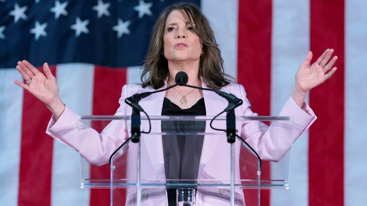 Self-help author Marianne Williamson speaks to the crowd as she launches her 2024 presidential campaign in Washington, Saturday, March 4, 2023. (AP Photo/Jose Luis Magana)