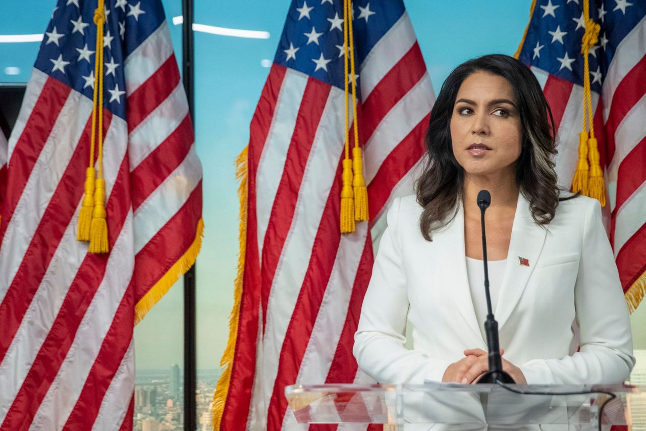 Tulsi Gabbard, D-Hawaii, speaks during a news conference at the 9/11 Tribut...