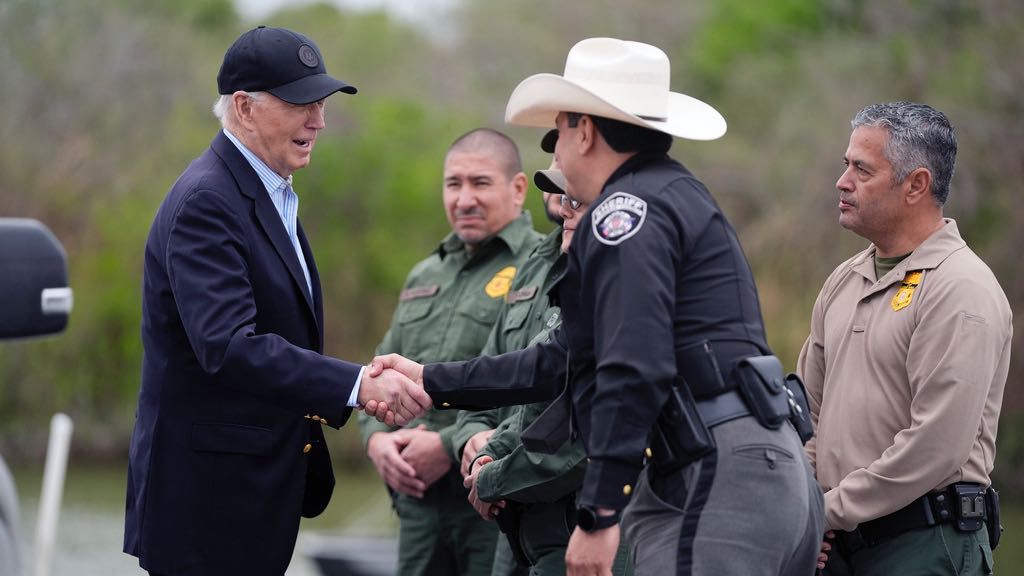 President Joe Biden talks with the U.S. Border Patrol and local officials, as he looks over the southern border, Feb. 29, 2024, in Brownsville, Texas, along the Rio Grande. (AP Photo/Evan Vucci, File)