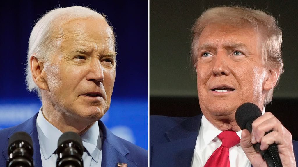 In this combination photo, President Joe Biden speaks May 2, 2024, in Wilmington, N.C., left, and Republican presidential candidate former President Donald Trump speaks at a campaign rally, May 1, 2024, in Waukesha, Wis. (AP Photo)