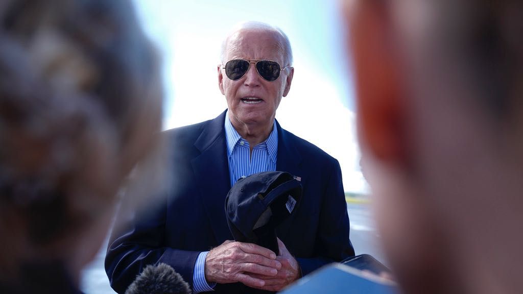 President Joe Biden speaks to reporters on the tarmac before departing at Dane County Regional Airport in Madison, Wis., following a campaign visit, Friday, July 5, 2024. (AP Photo/Manuel Balce Ceneta)