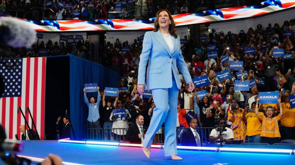 Vice President Kamala Harris admires the crowd during a campaign rally, Tuesday, July 30, 2024, in Atlanta. (AP Photo/John Bazemore)