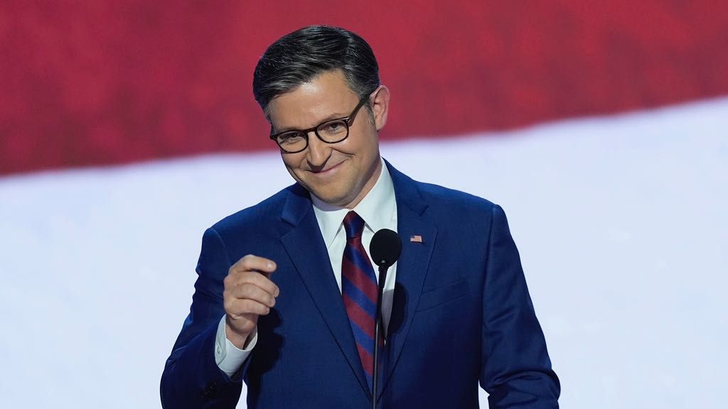 Speaker of the House Mike Johnson, R-La., speaking during the second day of the Republican National Convention on Tuesday, July 16, 2024, in Milwaukee. (AP Photo/J. Scott Applewhite)