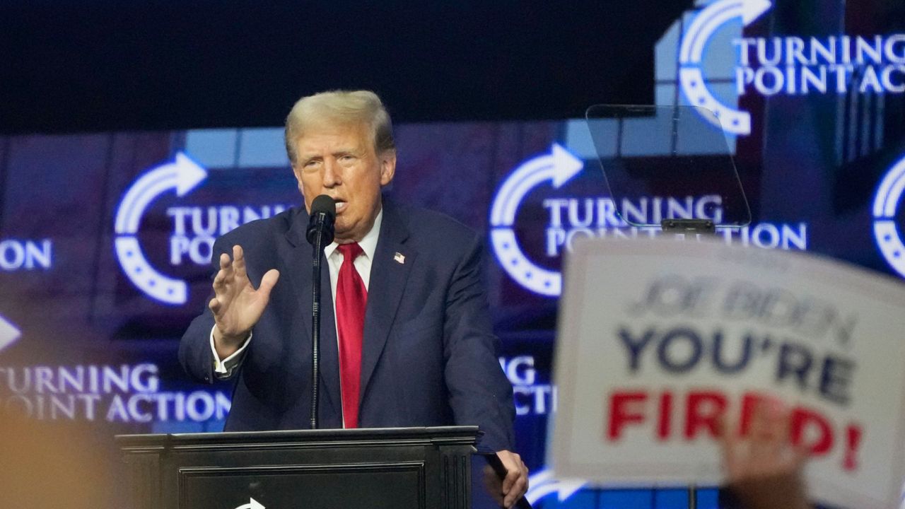 Republican presidential candidate and former President Donald Trump speaks at a campaign event Saturday, June 15, 2024, in Detroit. (AP Photo/Carlos Osorio)