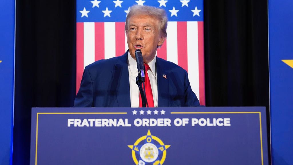 Republican presidential nominee former President Donald Trump speaks to the National Fraternal Order of Police fall meeting, Friday, Sept. 6, 2024, in Charlotte, N.C. (AP Photo/Evan Vucci)