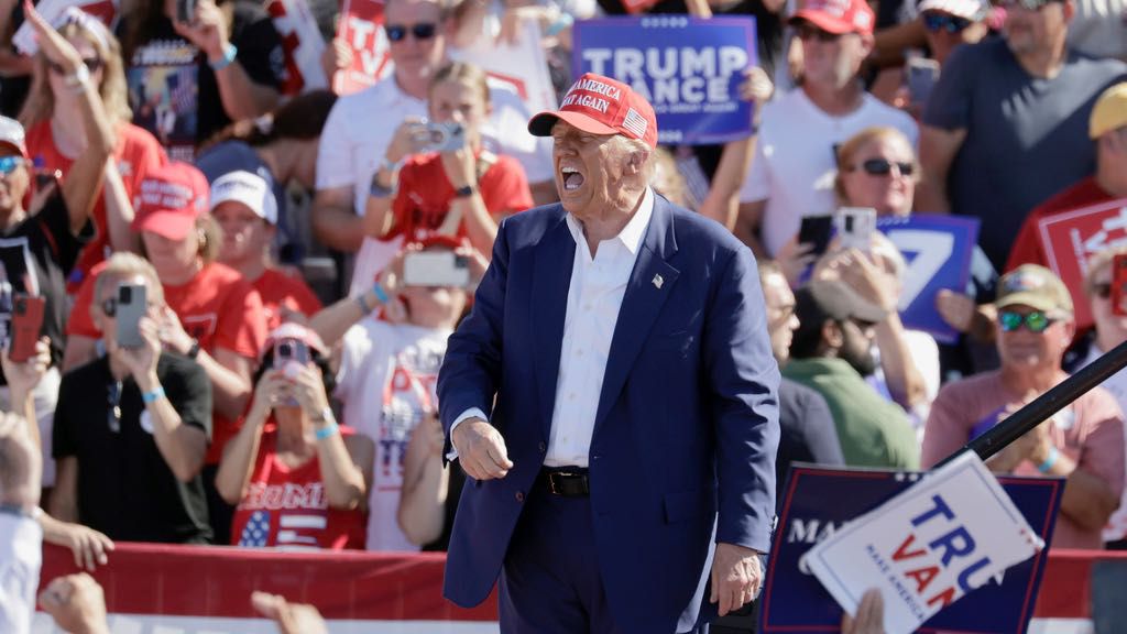 Republican presidential nominee former President Donald Trump shouts after speaking at a campaign event at Wilmington International Airport in Wilmington, N.C., Saturday, Sept. 21, 2024. (AP Photo/Chris Seward)