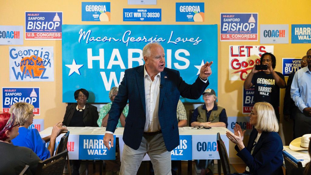 Democratic vice presidential candidate Tim Walz speaks to supporters at a Democratic campaign office in Macon, Ga., Tuesday, Sept. 17, 2024. (Arvin Temkar/Atlanta Journal-Constitution via AP)