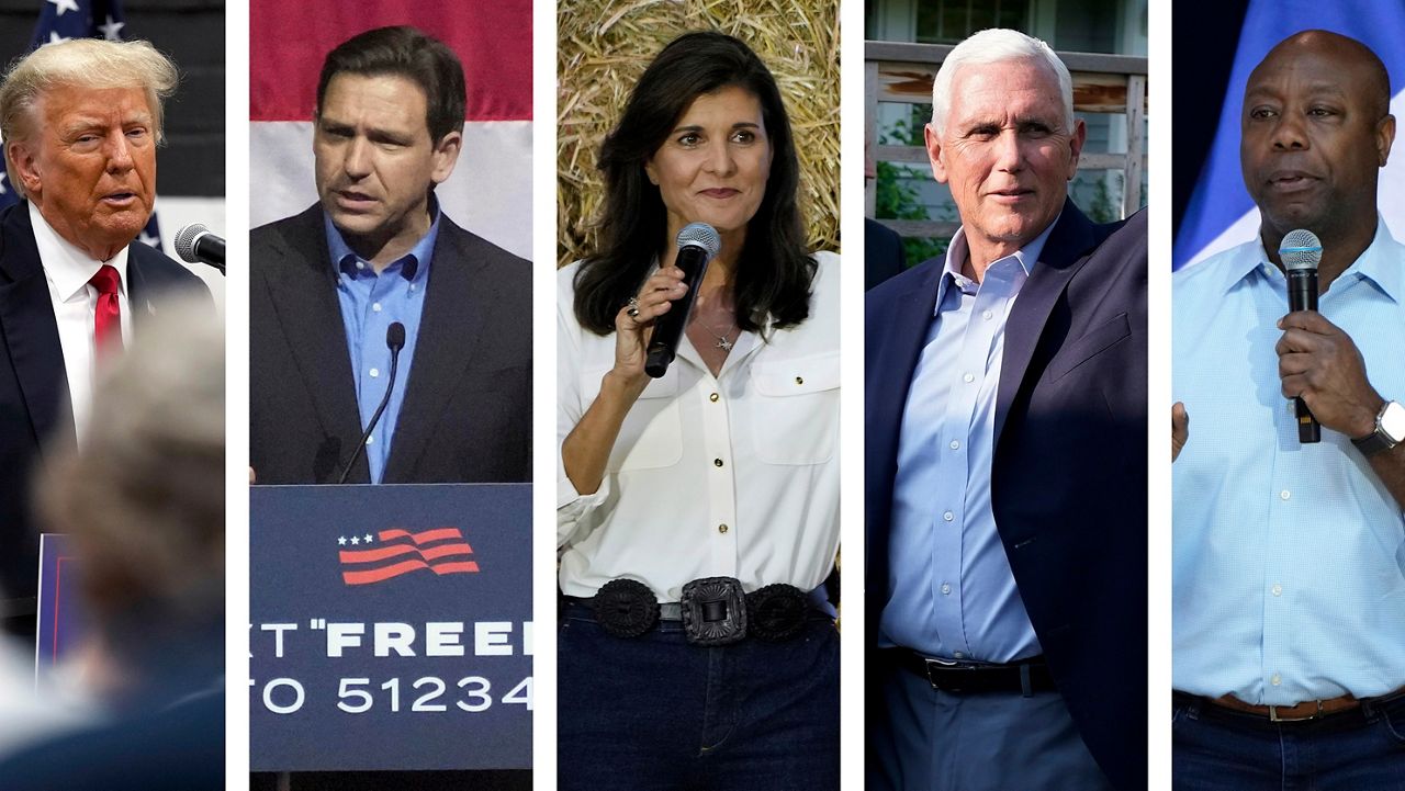 This combination of 2023 photos shows, from left, former President Donald Trump, Florida Gov. Ron DeSantis, former U.N. Ambassador Nikki Haley, former Vice President Mike Pence and South Carolina Sen. Tim Scott. (AP Photo, File)