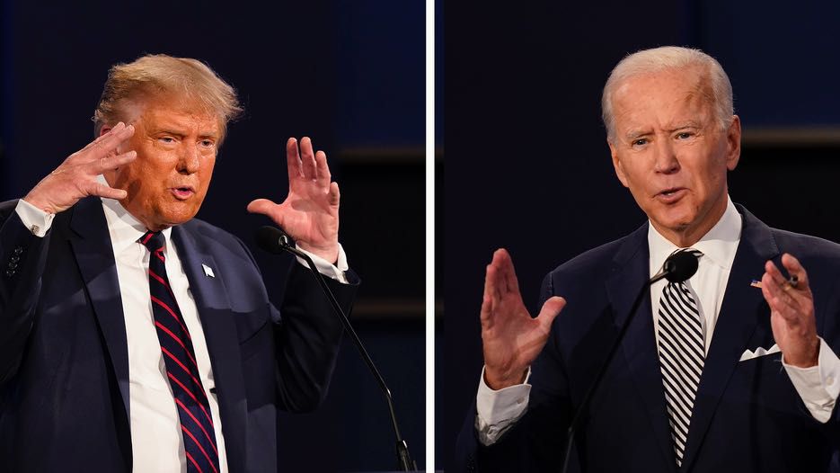 This combination of photos show President Donald Trump, left, and former Vice President Joe Biden during the first presidential debate on Sept. 29, 2020, in Cleveland. (AP Photo/Patrick Semansky, File)