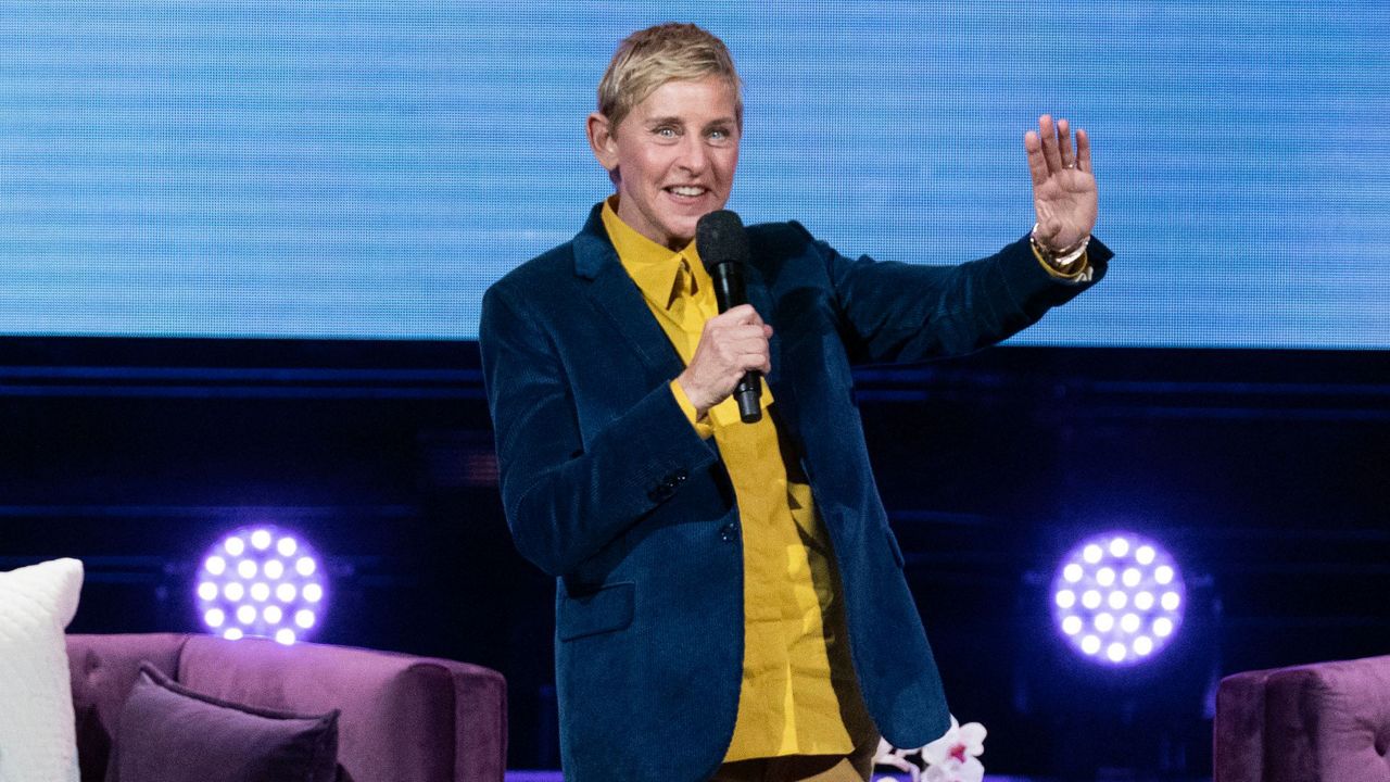 Ellen DeGeneres speaks to the crowd during the launch of Michelle Obama's new book "The Light We Carry: Overcoming in Uncertain Times." at Warner Theater in Washington, Tuesday, Nov.15, 2022. ( AP Photo/Jose Luis Magana)