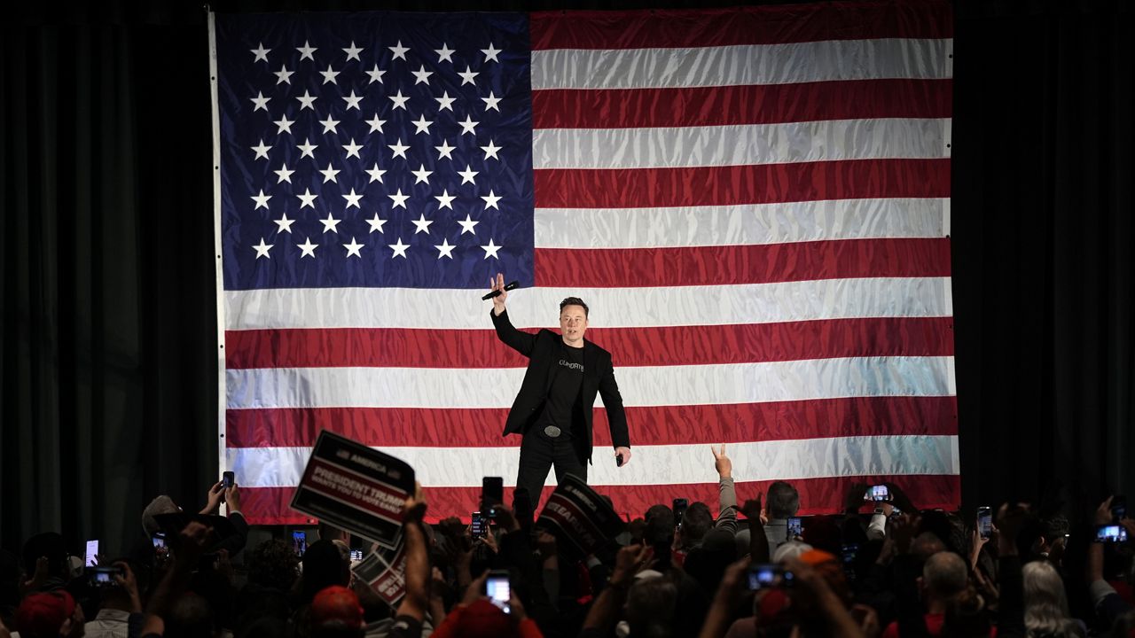 Elon Musk speaks as part of a campaign town hall in support of Republican presidential nominee former President Donald Trump in Folsom, Pa., Thursday, Oct. 17, 2024. (AP Photo/Matt Rourke, File)