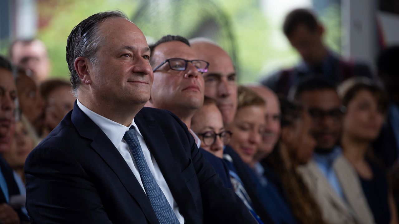 Second gentleman Doug Emhoff, left, is joined by Pennsylvania Gov. Josh Shapiro, second from left, and other dignitaries during a groundbreaking ceremony for the new Tree of Life complex in Pittsburgh, Sunday, June 23, 2024. The new structure is replacing the Tree of Life synagogue where 11 worshipers were murdered in 2018 in the deadliest act of antisemitism in U.S. history. (AP Photo/Rebecca Droke)