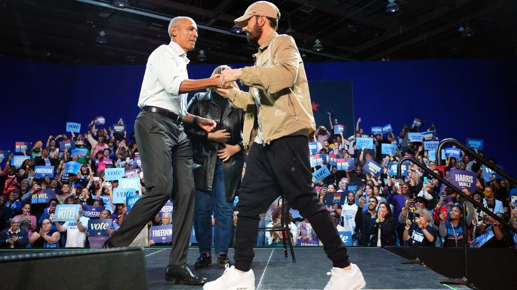 Eminem, Barack Obama campaign for Kamala Harris in Detroit