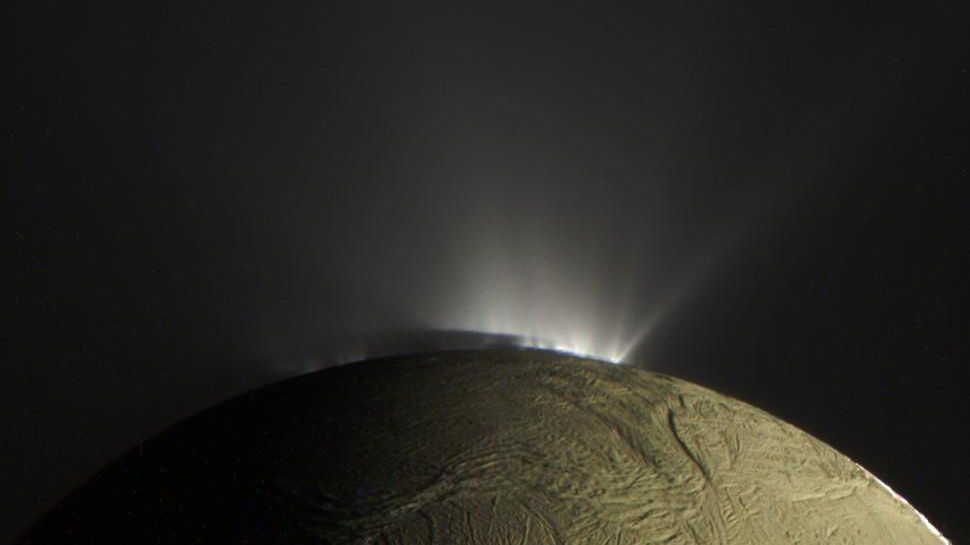 Saturn's moon Enceladus with plume (NASA/JPL-Caltech/SSI/Kevin M. Gill)