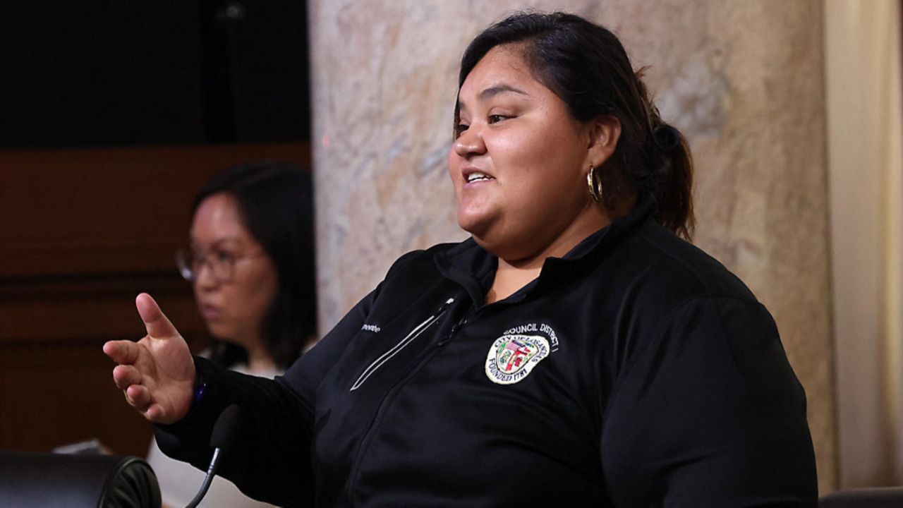 Los Angeles City Council member Eunisses Hernandez makes a statement inside council chambers at City Hall in downtown LA on Sept. 20, 2024. (Genaro Molina/Los Angeles Times via Getty Images)