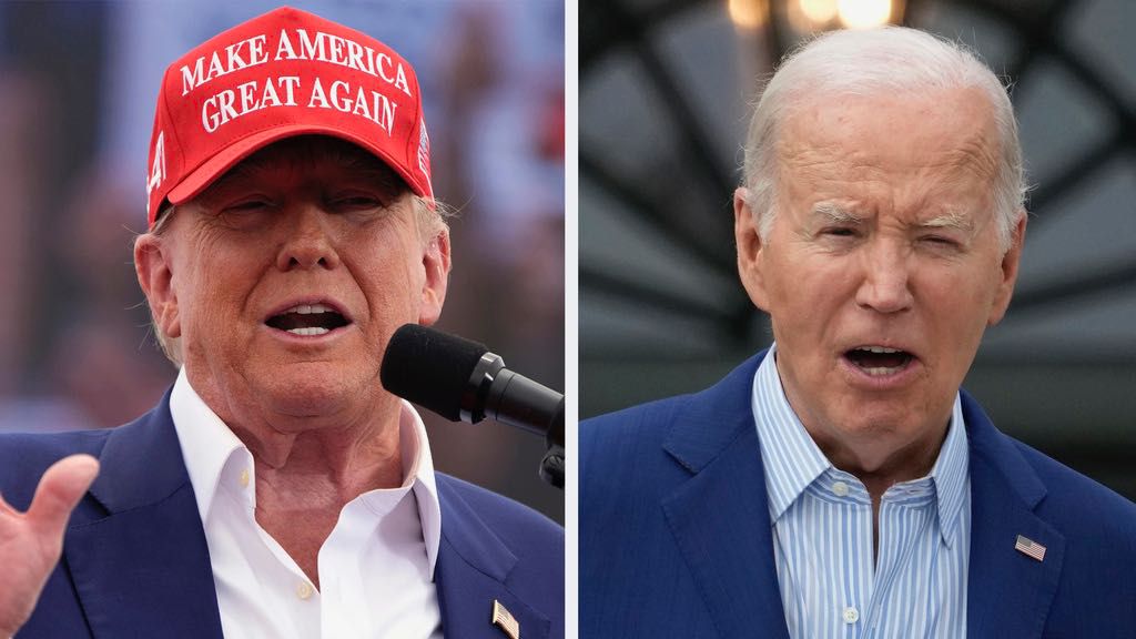 Republican presidential candidate, former President Donald Trump, left, speaks at a campaign rally in Las Vegas, June 9, 2024, and President Joe Biden speaks at White House in Washington, June 4, 2024. (AP Photo, File)