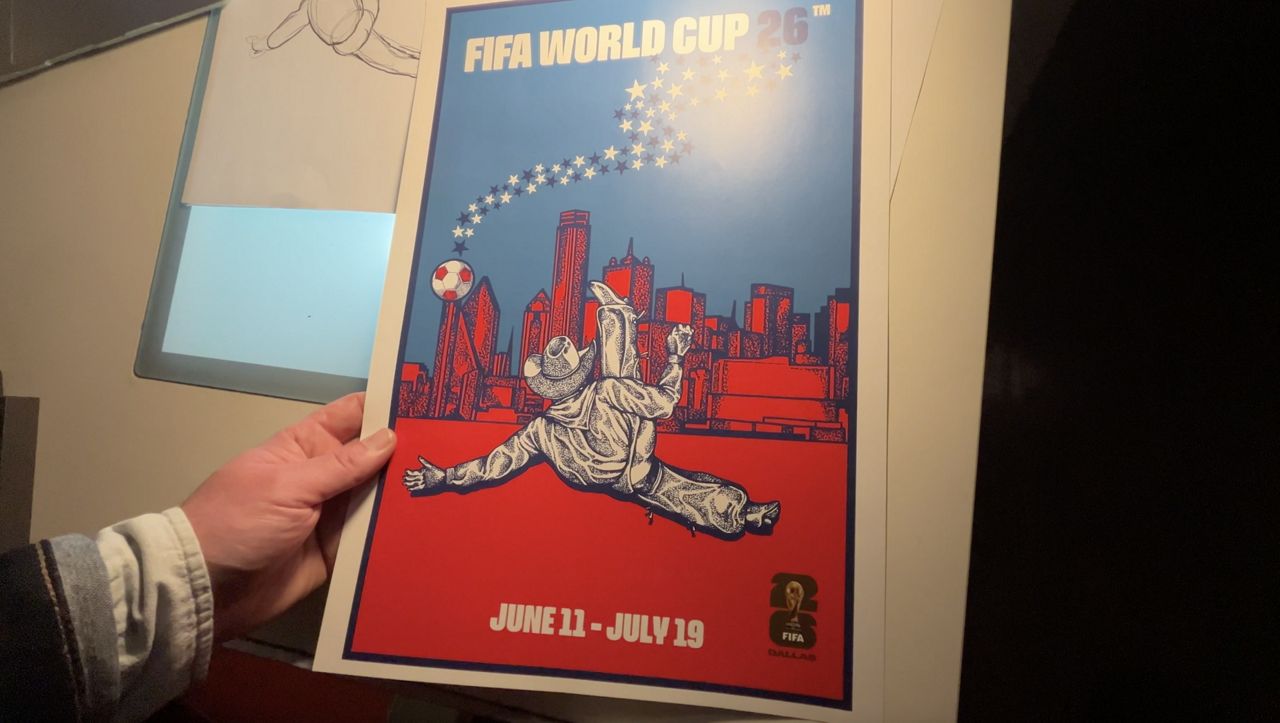 The 2026 FIFA World Cup host city poster, designed by Fort Worth artist Matt Cliff. (Spectrum News 1/Nicolette Perdomo)