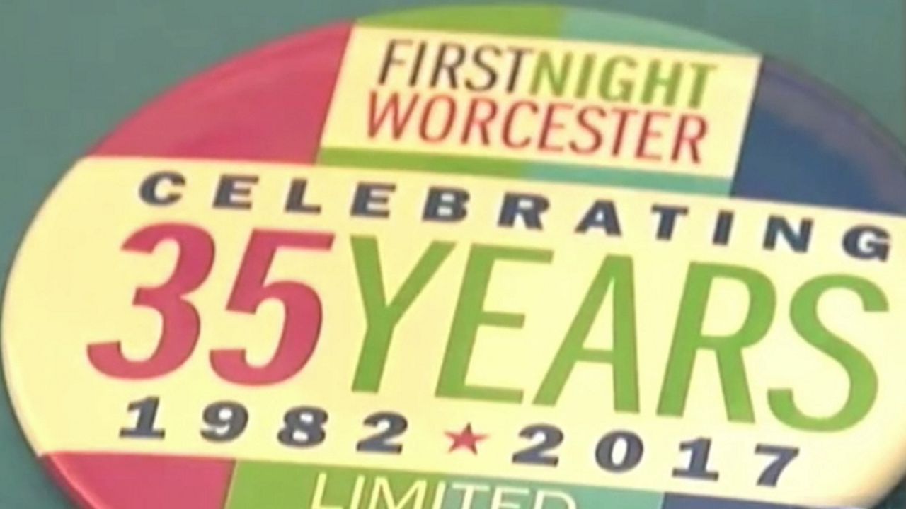 A pin celebrates 35 years of First Night Worcester. The annual event shut down shortly after ringing in 2017. (file photo)
