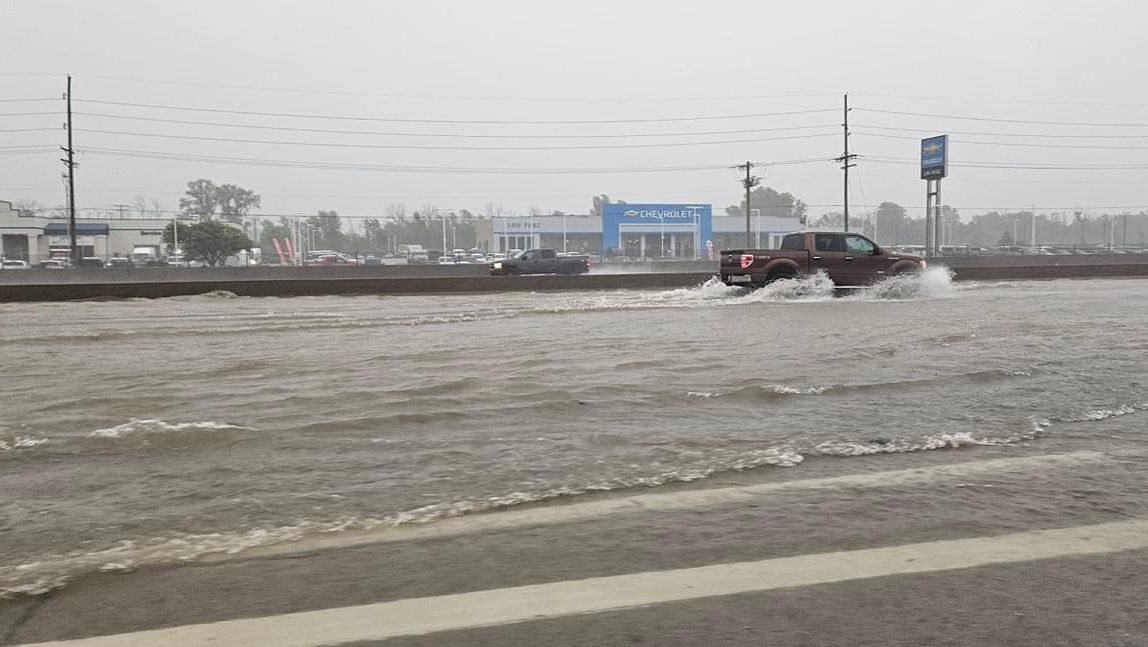 Flooding on Interstate-70 after heavy rain falls across the St. Louis metro area on July 16, 2024.