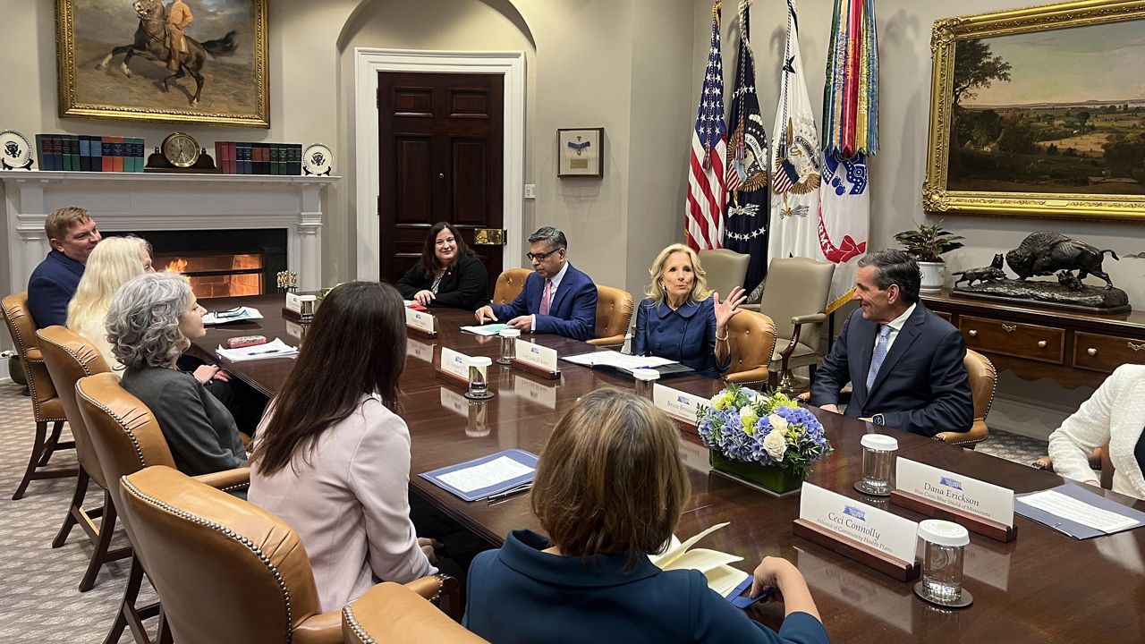 First Lady Jill Biden hosts a roundtable with executives from top health insurance companies and other health plan organizations in the West Wing’s Roosevelt Room on Wednesday, March 27, 2024 (Spectrum News)