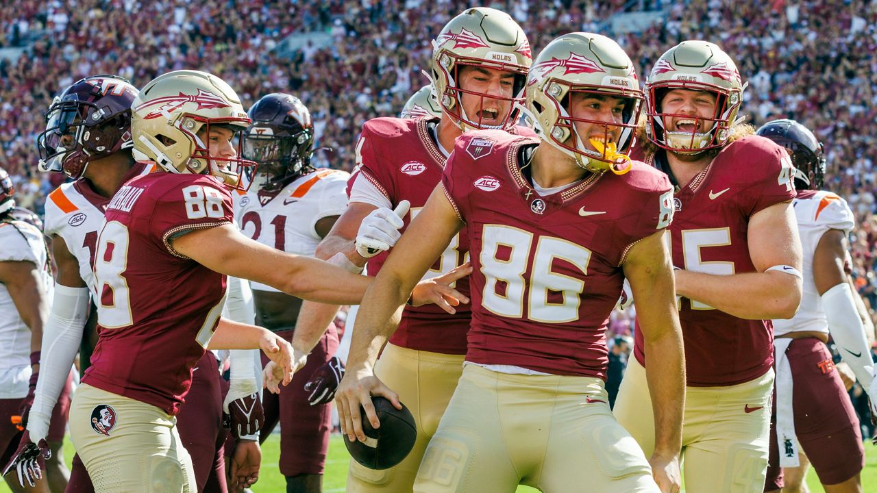 Florida State tight end Brian Courtney (86) celebrates his two point conversion against Virginia Tech during the first half of an NCAA college football game, Saturday, Oct. 7, 2023, in Tallahassee, Fla. (AP Photo/Colin Hackley)