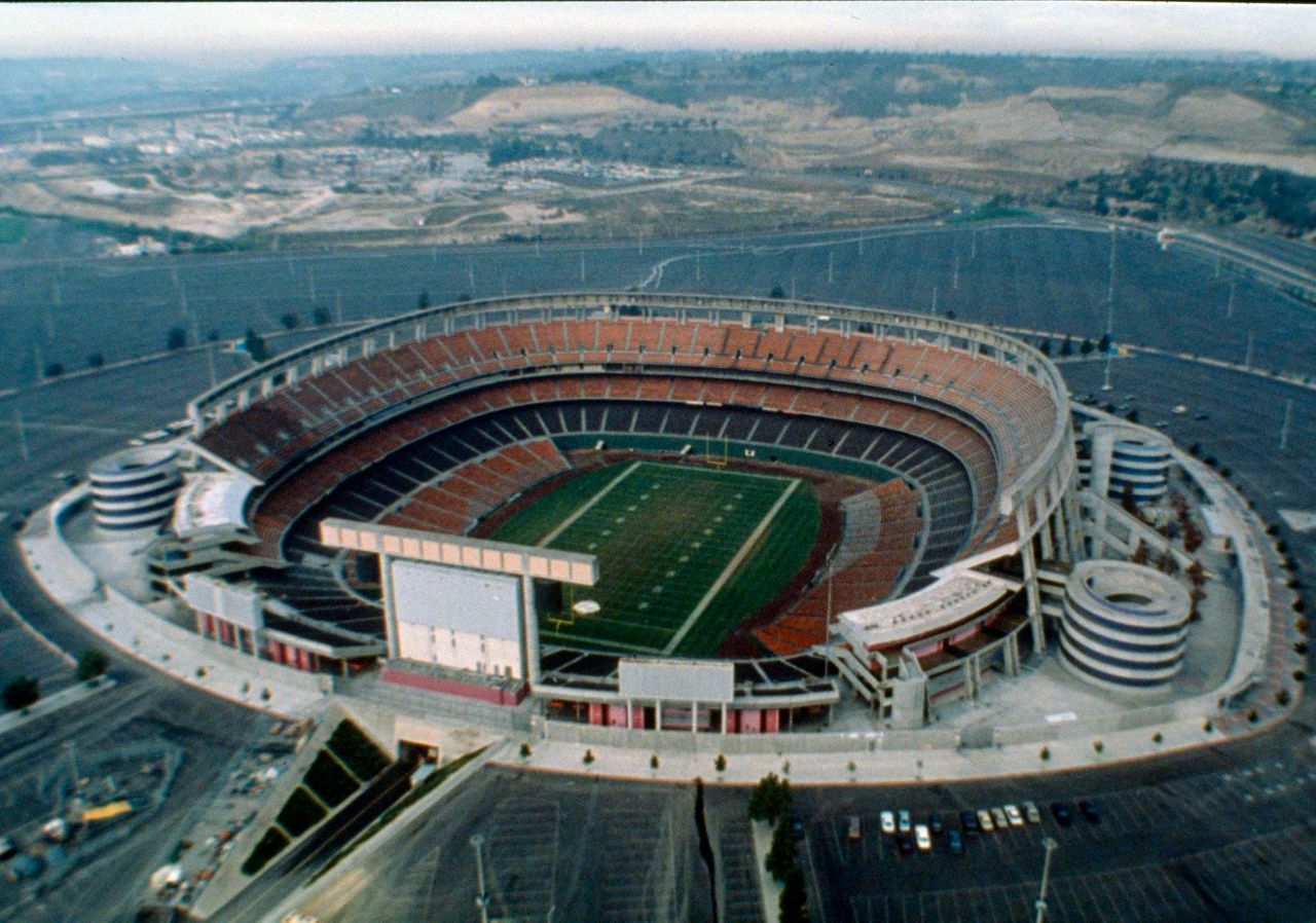 FILE - This Oct. 3, 1995 file photo is an aerial view of Dodger