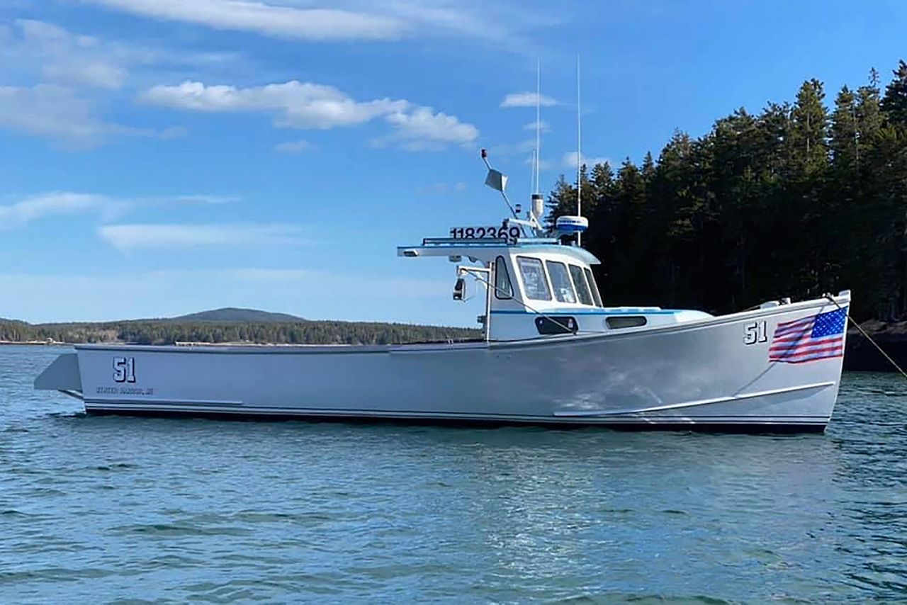 In this undated photo provided by Maine's House Minority Leader Billy Bob Faulkingham, R-Winter Harbor, a 40-foot lobster boat belonging to Faulkingham, also a commercial fishermen, is seen in an undated photo in Winter Harbor, Maine. Maine's top elected Republican says he's glad to be alive after a giant wave overturned his lobster boat Friday, Sept. 15, ahead of the remnants of Hurricane Lee. (Billy Bob Faulkingham via AP)