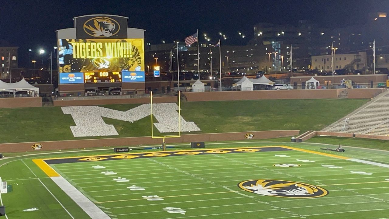 Memorial Stadium and Faurot Field at the University of Missouri sit empty following Missouri's win over Tennessee on Nov. 11, 2023 (Spectrum News/Gregg Palermo)