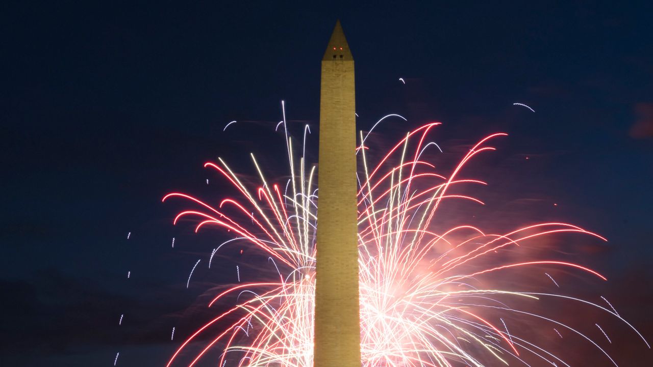 FILE: Fireworks explode over the Washington Monument at the National Mall during the Independence Day celebrations in Washington, D.C. on Monday, July 4, 2022. (AP Photo/Jose Luis Magana)